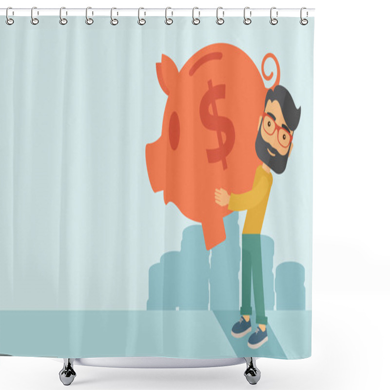 Personality  Man With His Big Piggy Bank Shower Curtains