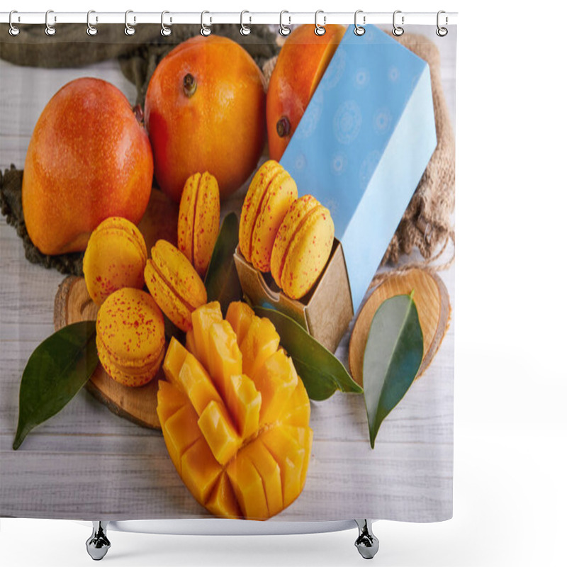 Personality  A Variety Of Mangoes And Macarons Are Displayed On A Table, Showcasing A Colorful Array Of Natural Foods. The Combination Of Fruits And Sweets Highlights The Diverse Range Of Ingredients In Cuisine Shower Curtains