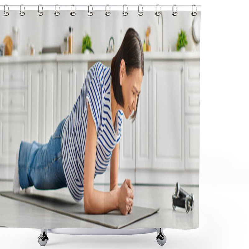 Personality  A Mature Woman In Homewear Practices Yoga On A Kitchen Mat. Shower Curtains