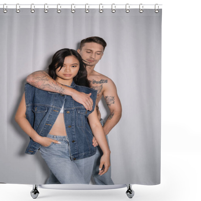 Personality  Shirtless Tattooed Man Embracing Asian Woman Posing With Hand In Pocket Of Jeans On Grey Background Shower Curtains