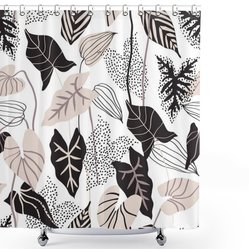 Personality  Minimal Floral Pattern In Scandinavian Style. Abstract Tropical Leaves With Line, Dots Textures Seamless Pattern On White Background. Nordics Vector Artwork For Textile, Fabric, Wallpaper Design Shower Curtains