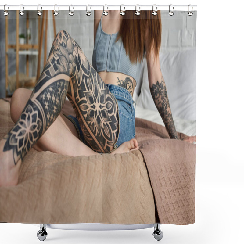 Personality  A Young Woman With Intricate Tattoos On Her Legs And Arms Relaxes On A Bed In A Modern Apartment. Shower Curtains