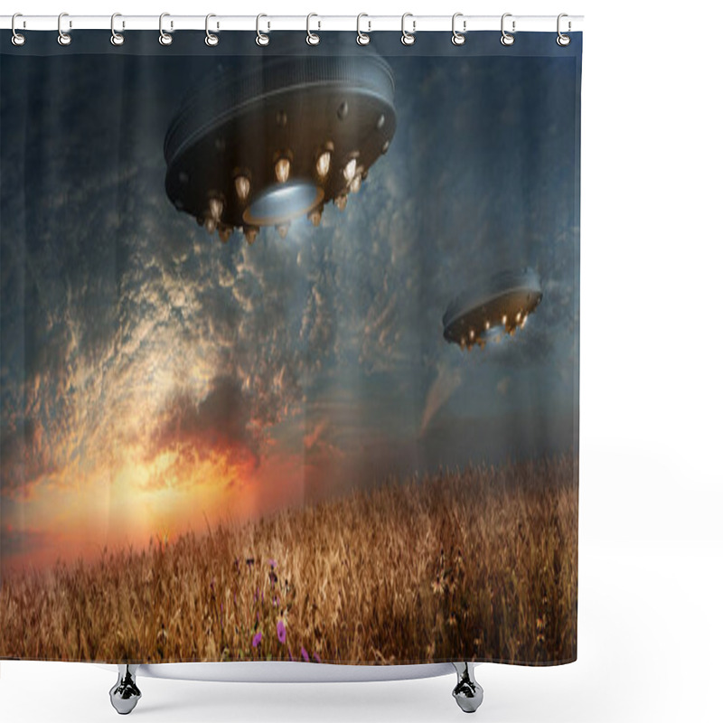 Personality  Scene With Sunset, Meadow And Two Flying Saucers Shower Curtains