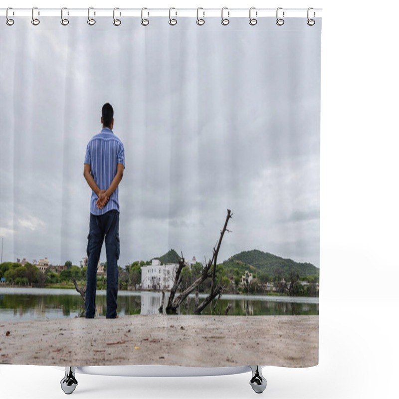 Personality  Young Man Watching Pristine Calm Lake With Dramatic Sky At Morning Shower Curtains