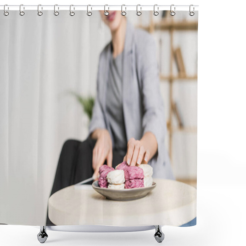 Personality  Selective Focus Of Businesswoman Taking Zephyr From Plate In Office Shower Curtains