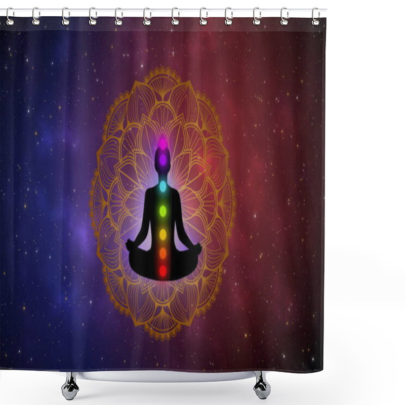 Personality  Abstract Silhouette Meditation Man And Seven Chakra On Gold Mandala In The Beautiful Of The Universe. Shower Curtains