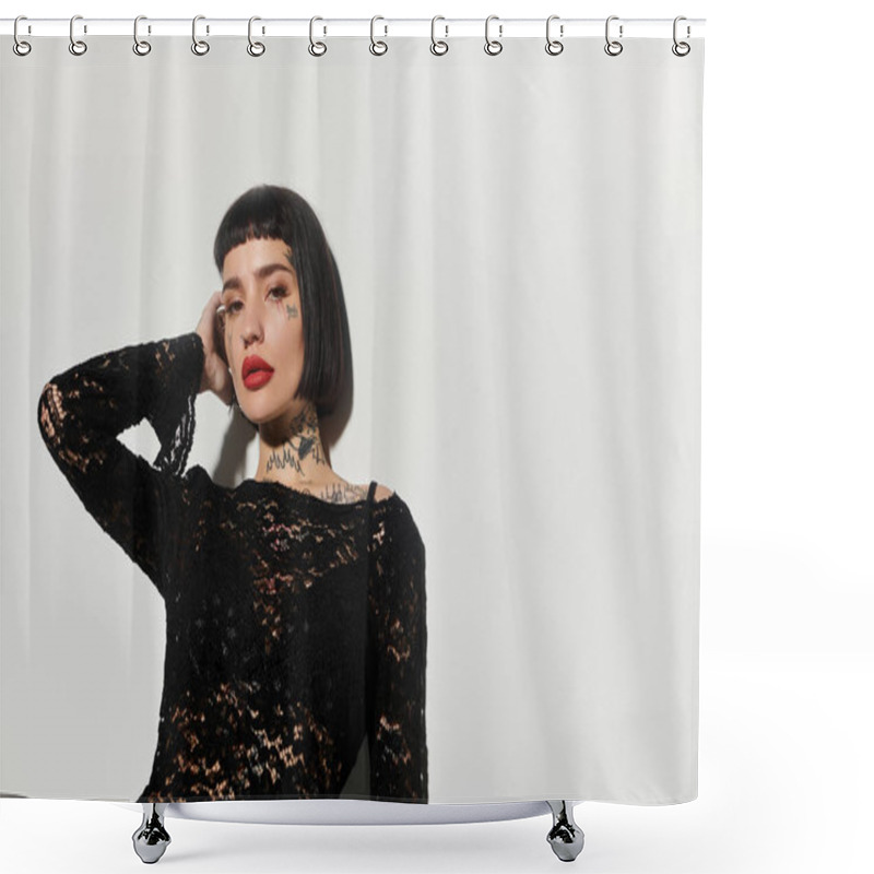 Personality  Fashionable Woman Poses Confidently With Striking Tattoos Against A Simple Backdrop. Shower Curtains