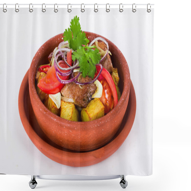 Personality  Potatoes Meat In Clay Pot With Purple Onions Garlic, Tomatoes And Pepper Isolated White Background Shower Curtains