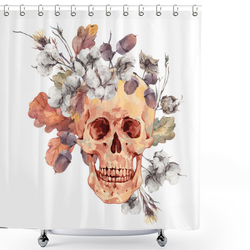 Personality  Skull And Twigs, Cotton Flower, Yellow Oak Leaves Shower Curtains