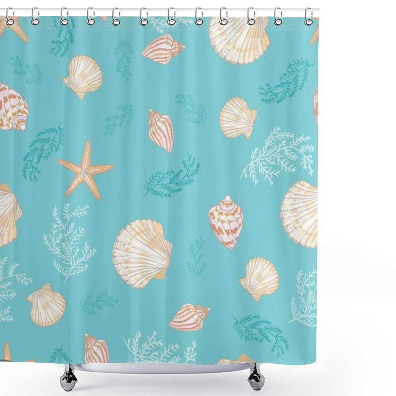 Personality  Seashell Seamless Pattern. Scallop Vector Background. Shower Curtains