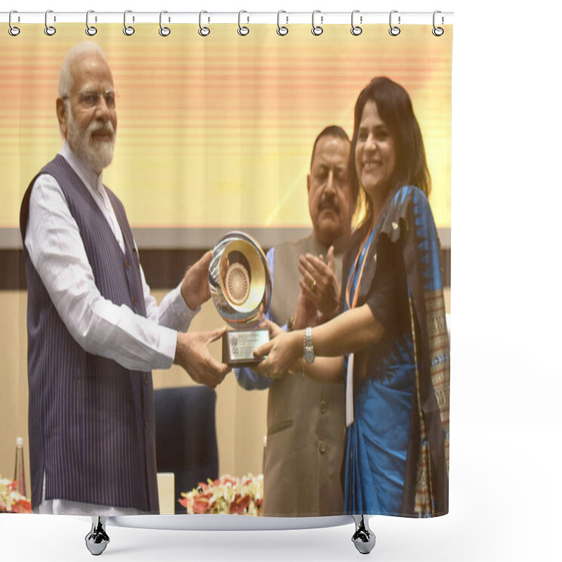 Personality  NEW DELHI INDIA APRIL 21 2023 Prime Minister Narendra Modi Presenting PMs Award For Excellence In Public Administration 2022 To Shahmeena Hussain Principal Secretary Health And FW Gujarat During The Valedictory Session And Awards Ceremony  Shower Curtains