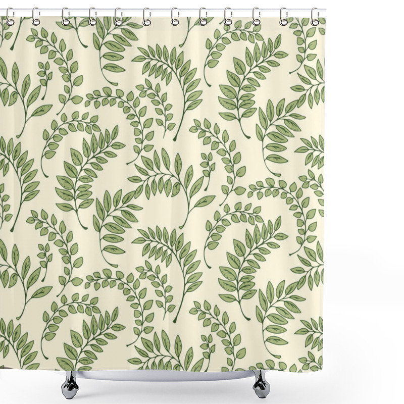 Personality  Elegant Seamless Pattern With Green Leaf Motifs On A Light Background. Delicate Botanical Design With Fine Details In Neutral Tones, Perfect For Textiles, Packaging, Interior Design, And Stationery. Shower Curtains