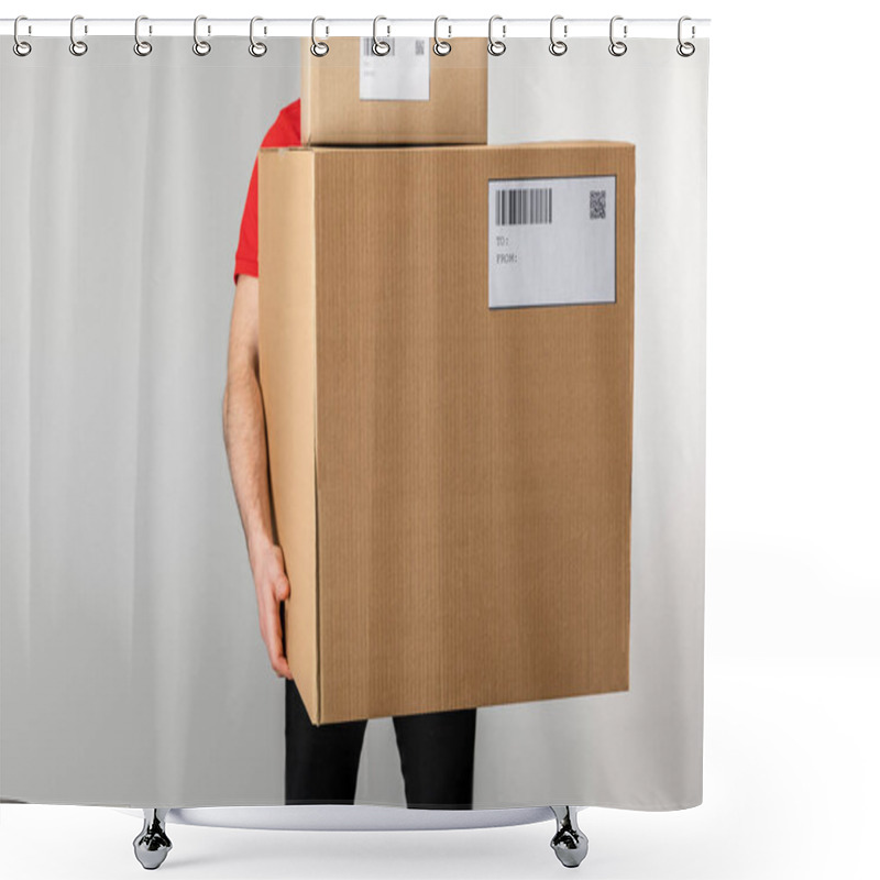 Personality  Delivery Man Holding Boxes With Barcodes And Qr Codes On Cards Isolated On Grey Shower Curtains