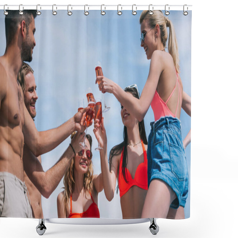 Personality  Low Angle View Of Happy Young Friends Clinking Glasses Of Wine Outdoors Shower Curtains