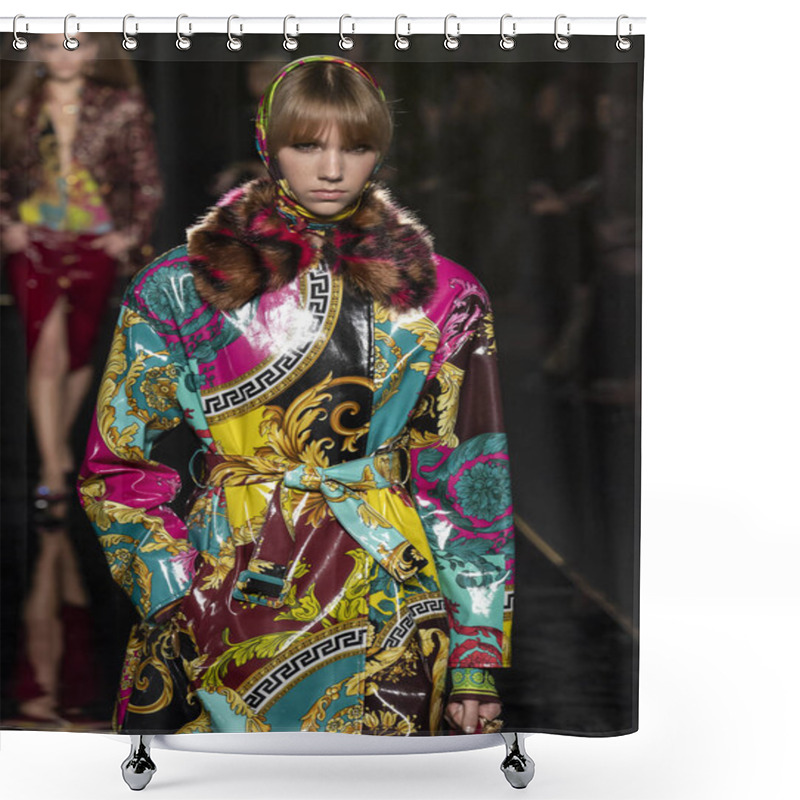 Personality  NEW YORK, NY - December 02, 2018: Bente Oort Walks The Runway At The Versace Pre-Fall 2019 Runway Show Shower Curtains