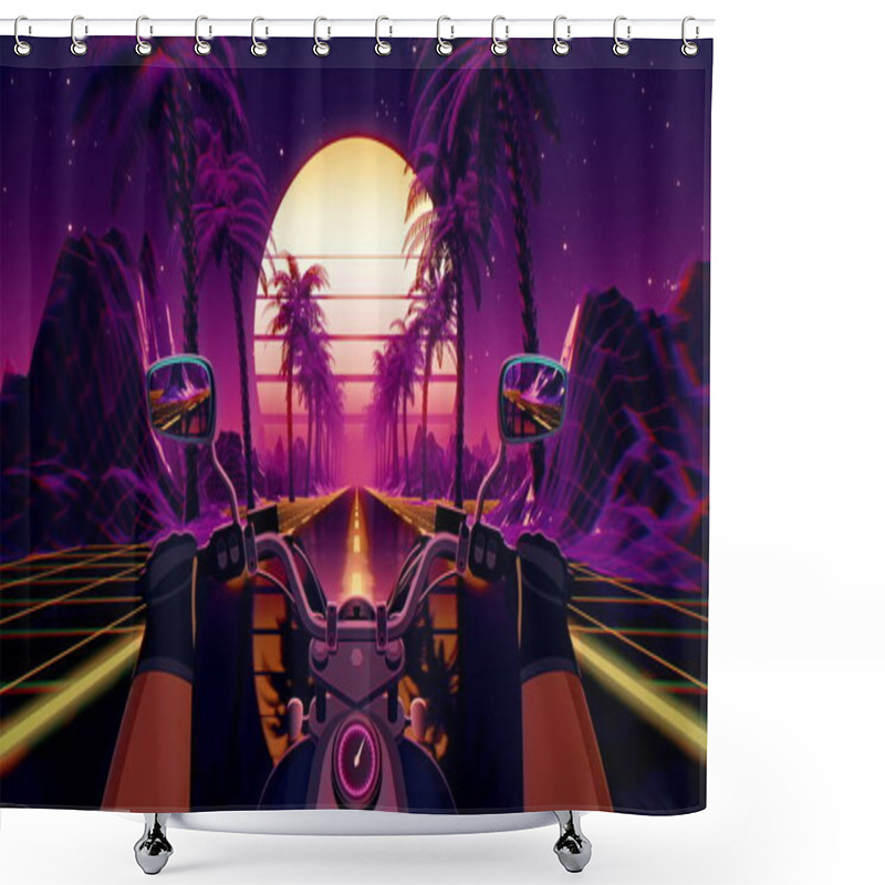 Personality  80s Retro Futuristic Sci-fi Background With Motorcycle Pov. Riding In Retrowave VJ Videogame Landscape, Neon Lights And Low Poly Grid. Stylized Biker Vintage Vaporwave 3D Animation Background. 4K Shower Curtains