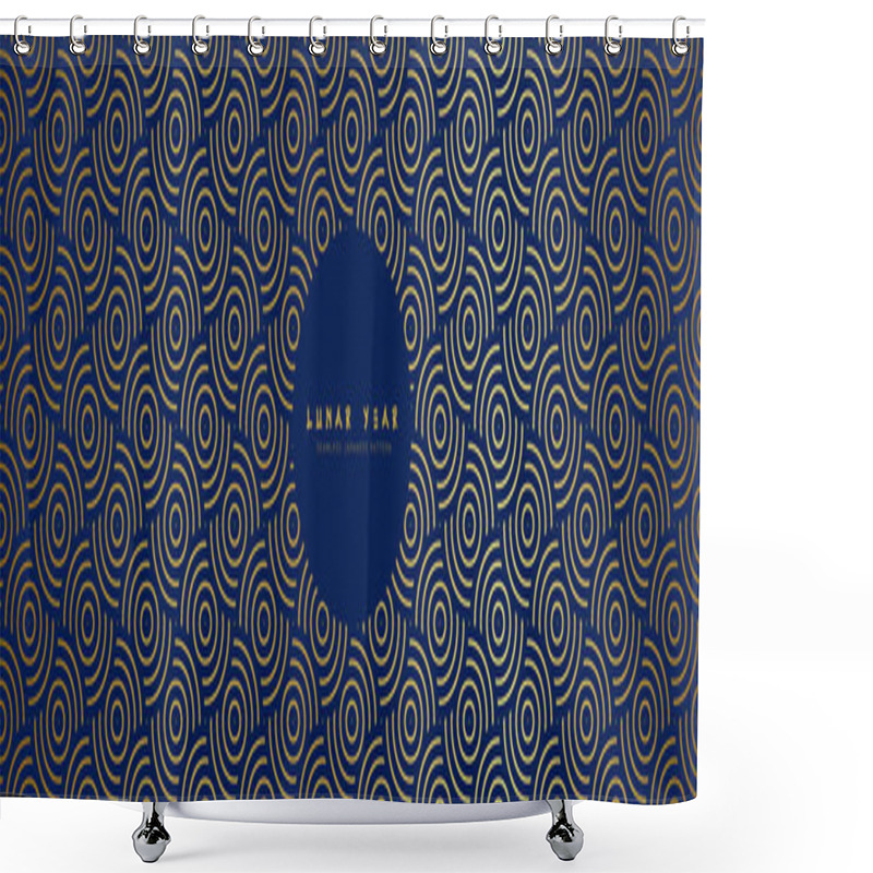 Personality  Japanese Seamless Pattern In Oriental Curvy Geometric Traditional Style. 3d Monochrome Ornament For Lunar Chinese New Year Decoration. Gold Blue Abstract Asian Vector Creative Motif. Vintage Print. Shower Curtains