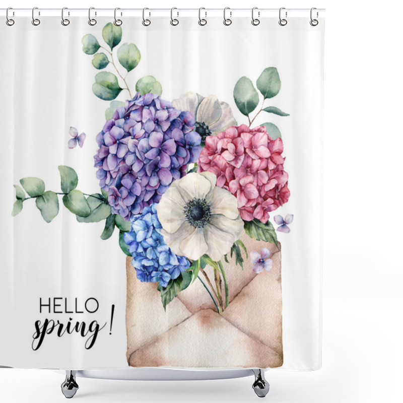 Personality  Watercolor Hello Spring Card With Bouquet And Envelope. Hand Painted Hydrangea, Anemone Flowers With Eucalyptus Leaves And Branch Isolated On White Background. Botanical Illustration For Design. Shower Curtains