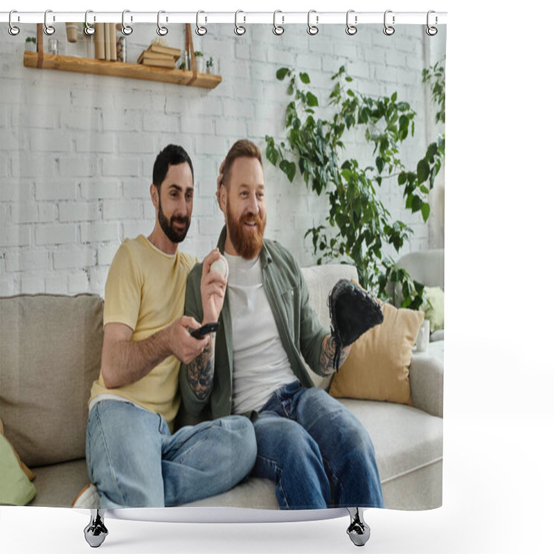 Personality  A Duo Of Men, Bearded Gay Couple, Sit Atop A Couch While Watching A Sports Match Shower Curtains