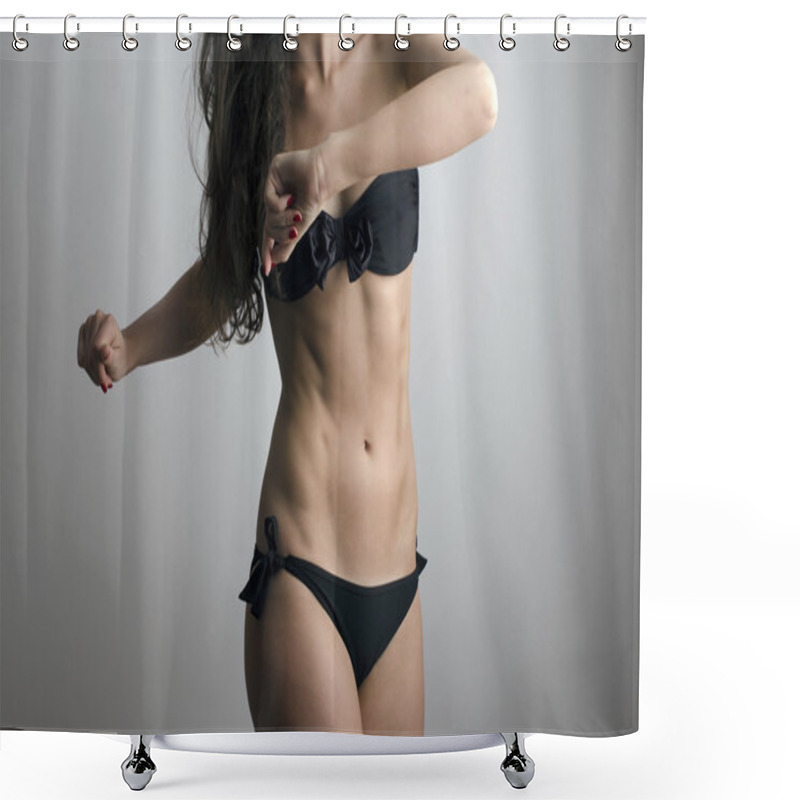 Personality  Woman In Swimsuit With Perfect Abs, Fit Body Shower Curtains