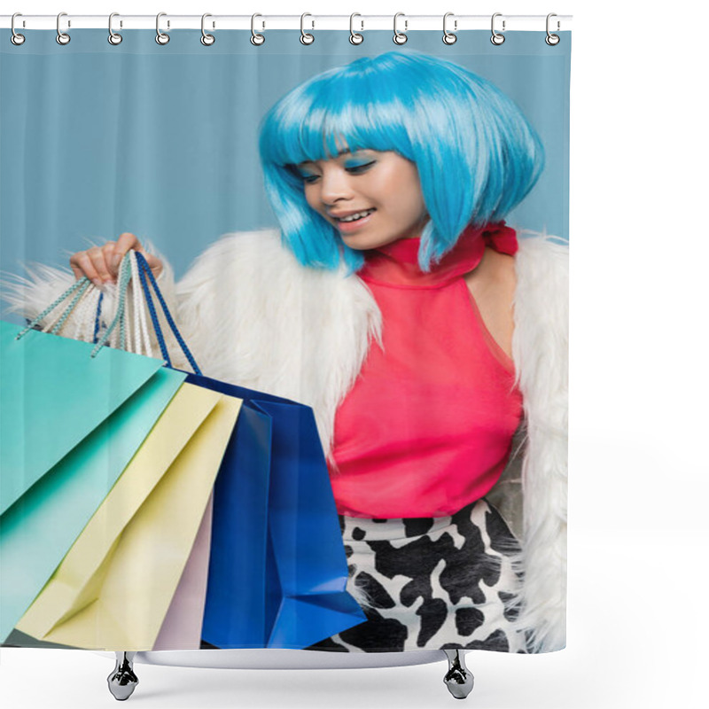 Personality  Positive Asian Model In Pop Art Style Holding Shopping Bags Isolated On Blue  Shower Curtains