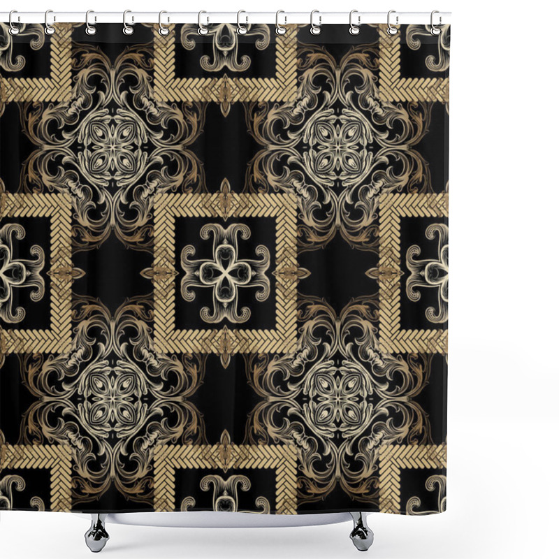 Personality  Baroque Style Modern Seamless Pattern. Ornamental Black And Gold Background. Luxury Vintage Gold Ornament. Beautiful Golden Patterns. Square Braided Frames. Gold Flowers, Leaves, Shapes. Ornate Design Shower Curtains