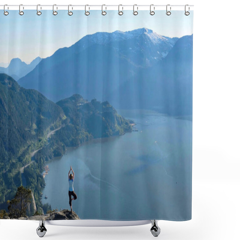 Personality  Mindfulness And Inner Peace. Outdoor Yoga Retreat. Woman In Yoga Pose On Rock Above Sea. Whistler. British Columbia. Canada. Shower Curtains