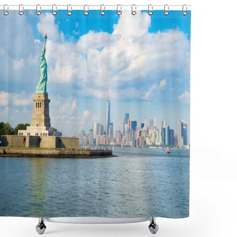 Personality  The Statue Of Liberty With The Downtown Manhattan Skyline Shower Curtains