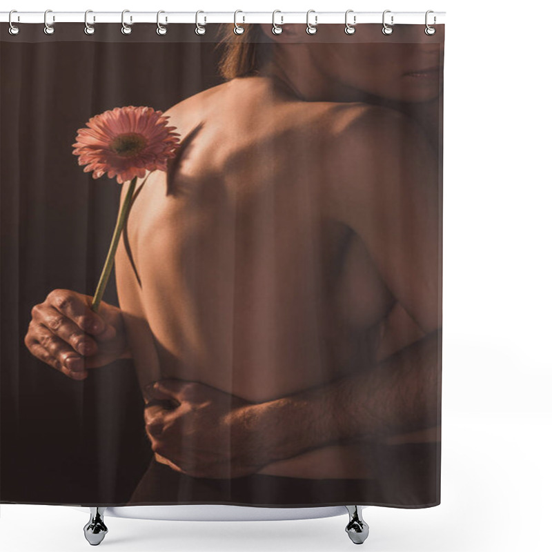 Personality  Cropped View Of Tender Lovers Hugging And Holding Gerbera Flower, Isolated On Brown  Shower Curtains