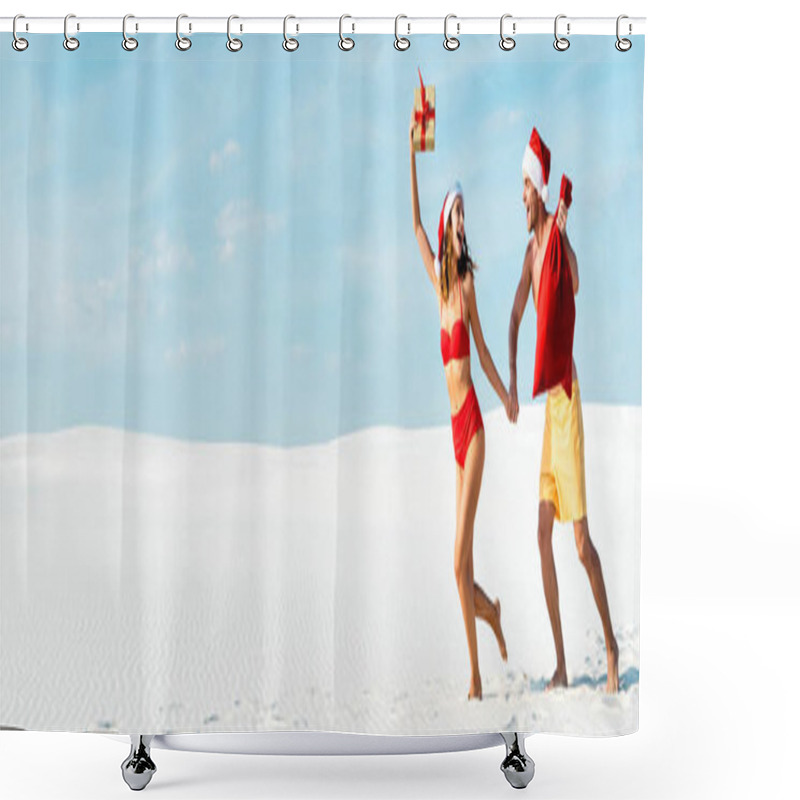 Personality  Panoramic Shot Of Sexy And Smiling Girlfriend Holding Gift And Boyfriend With Santa Sack On Beach In Maldives  Shower Curtains