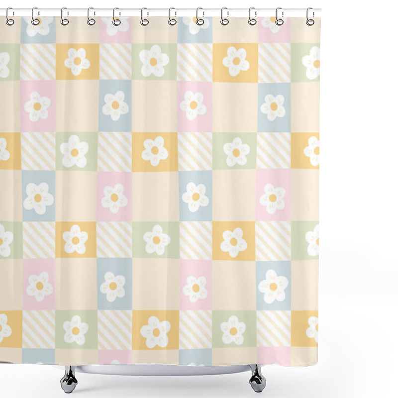 Personality  Gingham Seamless Vector Pattern With Meadow Chamomile Flowers. Tartan Check For Tablecloths, Napkins, Clothes, Packaging, For The Easter Holiday. Cozy Cute Childish Background In A Pastel Palette Shower Curtains