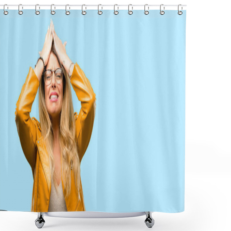 Personality  Beautiful Young Woman Terrified And Nervous Expressing Anxiety And Panic Gesture, Overwhelmed Shower Curtains