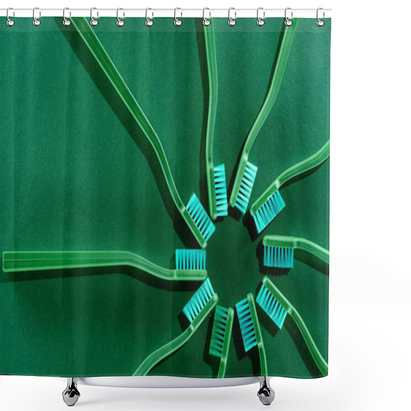 Personality  Top View Of Circle Composition With Green Toothbrushes On Green Shower Curtains