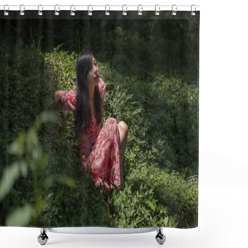 Personality  Young Beautiful And Happy Asian Chinese Woman In Stylish Dress Enjoying Adventure Holiday Trip Exploring The Beauty Of Nature At Tropical Island Jungle Lying On Green Shower Curtains