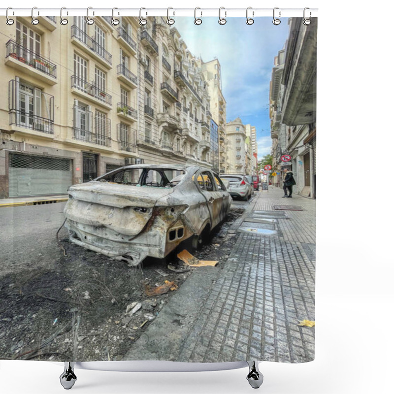 Personality  A Burnt Out Car Sits On A Sidewalk In Buenos Aires, Surrounded By Apartment Buildings, Trash, And Debris, Depicting Urban Decay In The Citys Streets. Shower Curtains