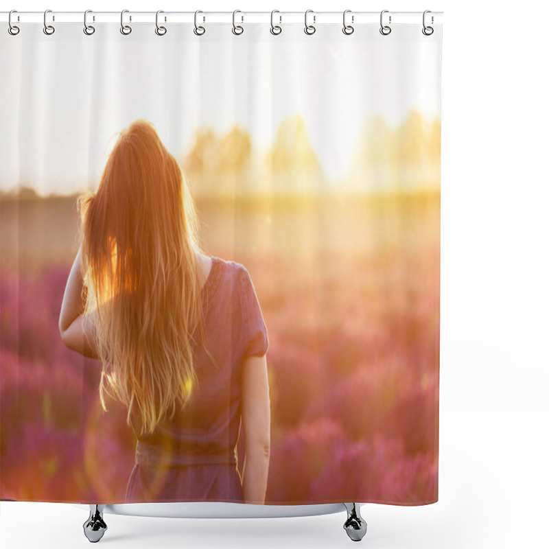 Personality  Young Woman Touching Her Long Hair Looking At Lavender Field  Shower Curtains