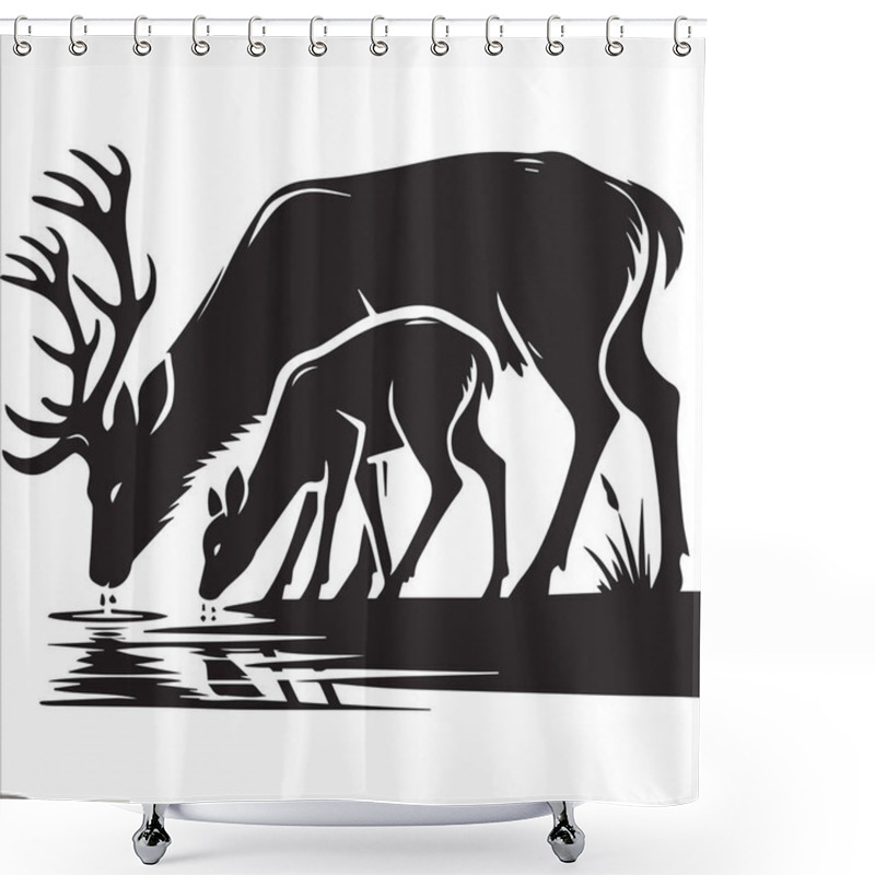 Personality  Two Deer Silhouettes Drinking From A Water Source Shower Curtains