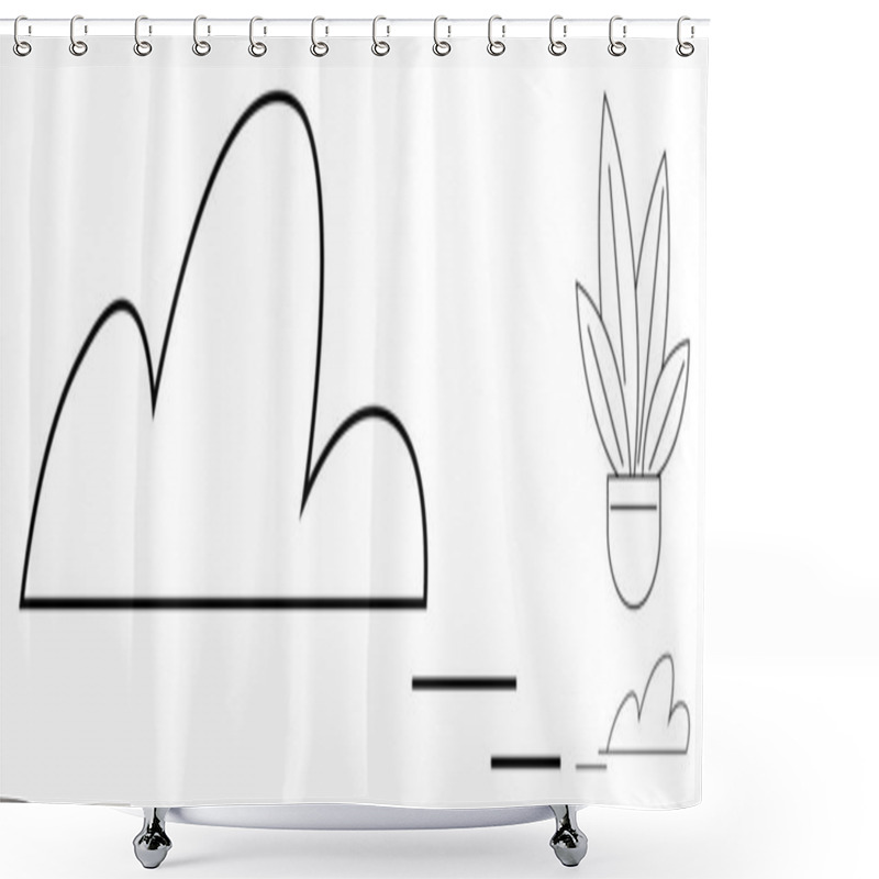 Personality  Large Cloud Shape On Left With Minimal Lines, Potted Plant With Leaves On Right. Ideal For Nature Themes, Modern Aesthetics, Minimalism, Eco-friendly Concepts, Tranquility, Simplicity, Growth Shower Curtains