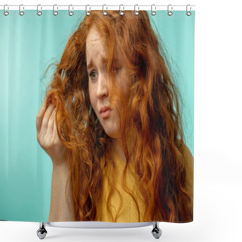 Personality  Upset And Woman With Her Damaged Dry Hair Face Expression Blue Background Shower Curtains