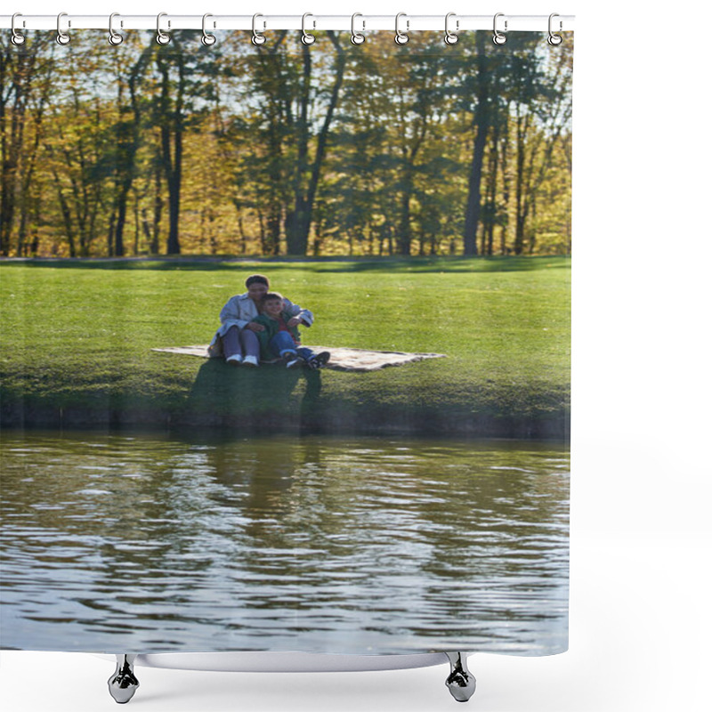 Personality  Cheerful Mother And Son Hugging In Autumnal Park, Sitting On Blanket Near Lake, African American Shower Curtains