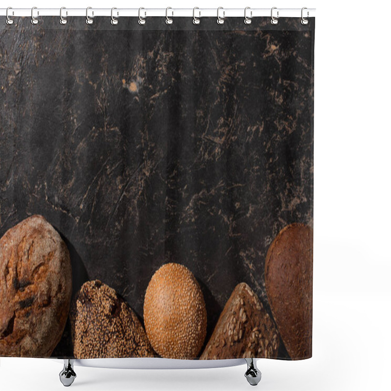 Personality  Top View Of Fresh Baked Bread On Stone Black Surface Shower Curtains