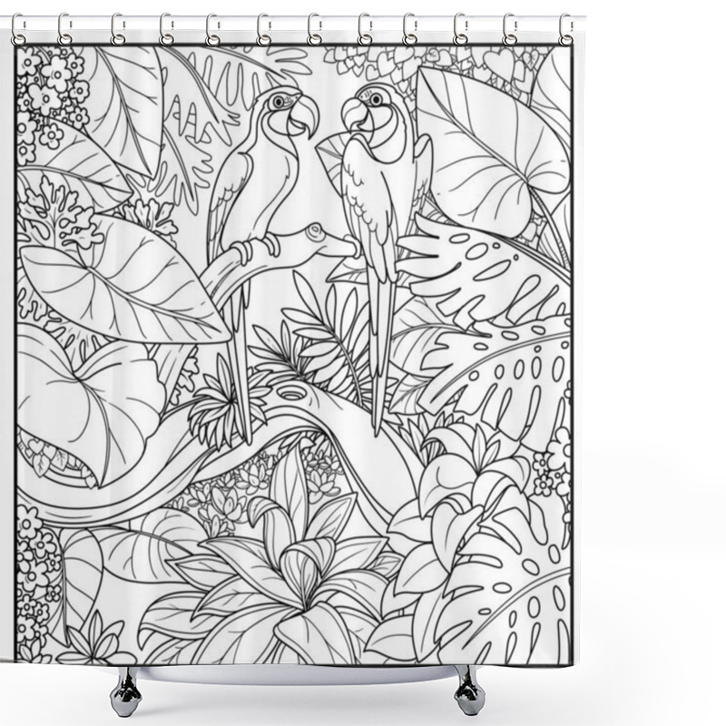 Personality  Wild Jungle With Two Parrots Of Macaw Sit On Branch Over  Forest Lake Black Contour Line Drawing For Coloring On A White Background Shower Curtains