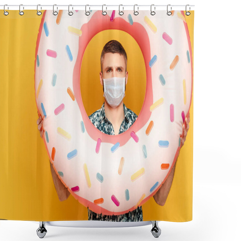 Personality  Guy In Medical Mask With Donut Swim Ring On Yellow Shower Curtains