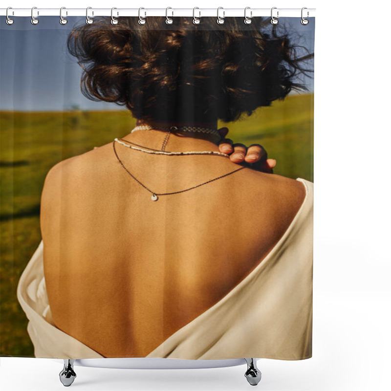 Personality  Youthful Woman In Necklaces And Bridal Gown With Naked Back In Countryside, Serenity And Happiness Shower Curtains