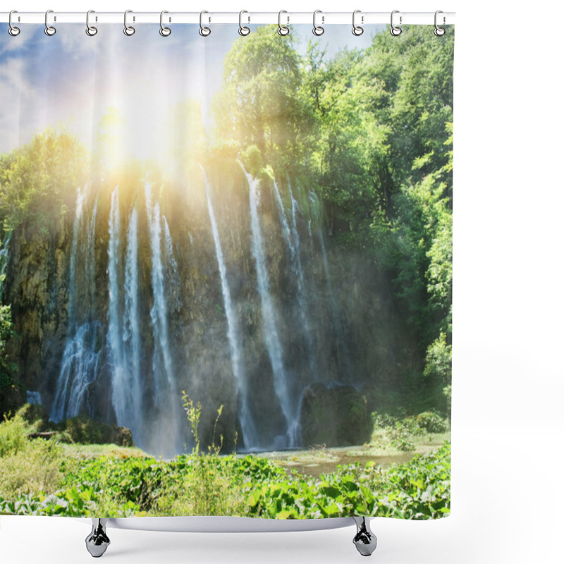 Personality  Sunrise Over Waterfall In Wild Forest Shower Curtains