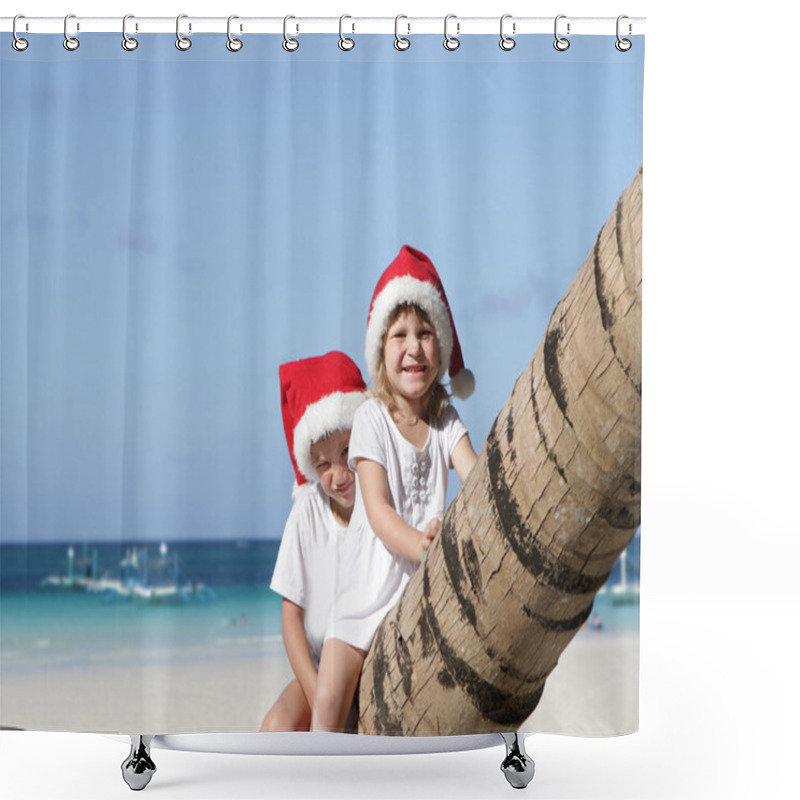 Personality  Two Young Happy Children In Santa Hats On Tropical Beach Backgro Shower Curtains