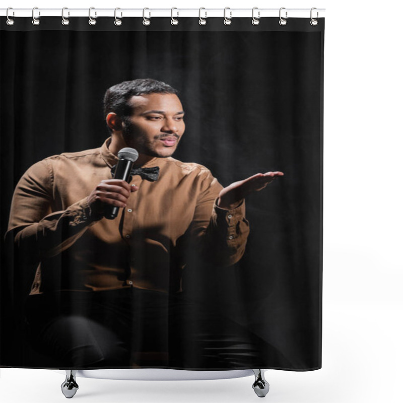 Personality  Indian Comedian Sitting And Pouting Lips While Performing Stand Up Comedy Into Microphone On Black  Shower Curtains