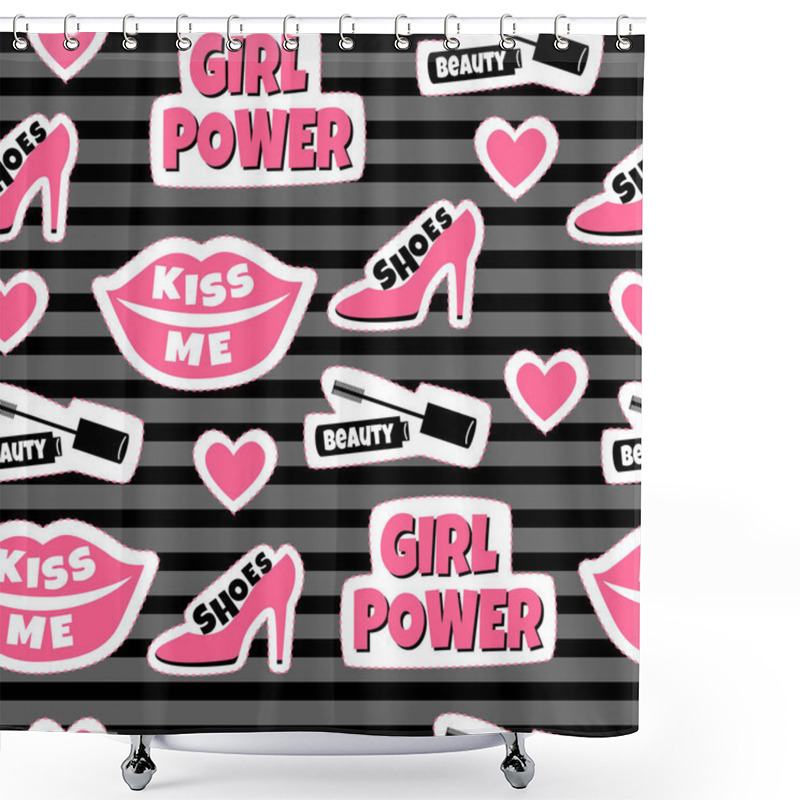 Personality  Patches Background With Inscription: Shoes, Beauty, Kiss Me And Girl Power. Seamless Pattern With Lips, Hearts And Mascara. Shower Curtains