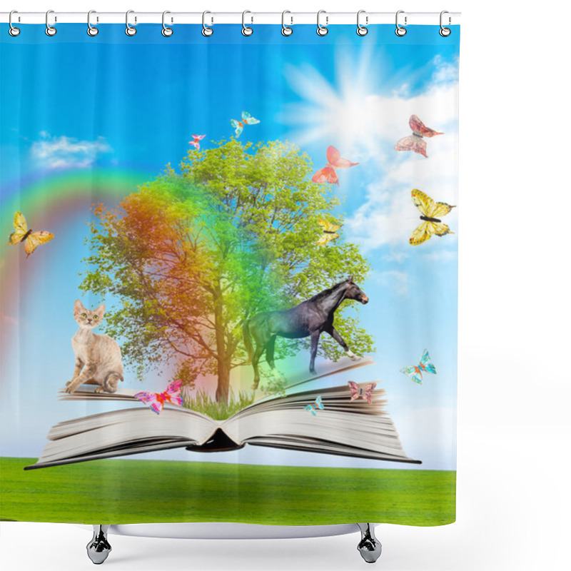 Personality  Magic Book With A Green Tree And Diferent Animals Shower Curtains