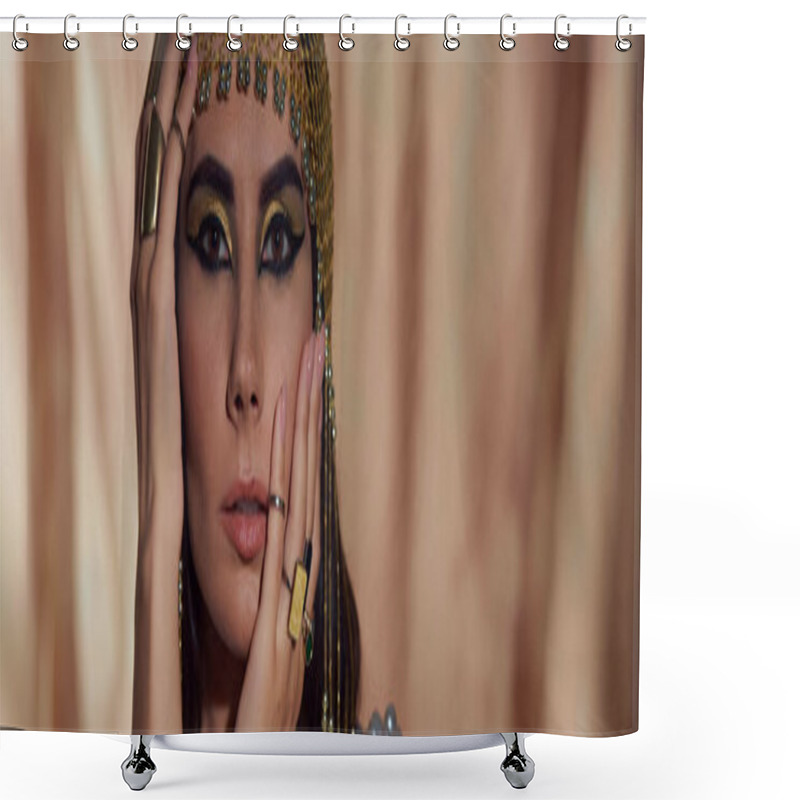 Personality  Brunette Woman With Egyptian Makeup And Headdress Touching Face On Abstract Background, Banner Shower Curtains